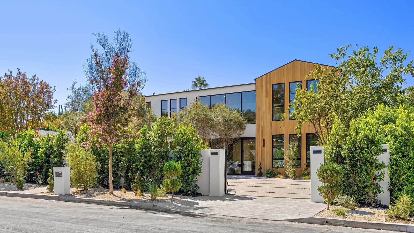 A two storey house in white render, timber and glass behind clipped hedges and a paved drive