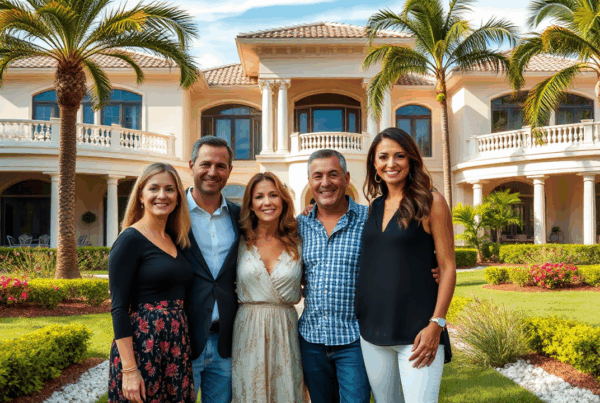 An opulent family posing infront of their Jupiter, FL mansion.