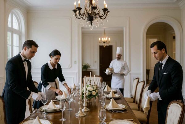 A team of formally dressed staff, including two men in tuxedos, a woman in a maid uniform, and a chef in white attire, prepares an elegant dining table in a luxurious, chandelier-lit room.