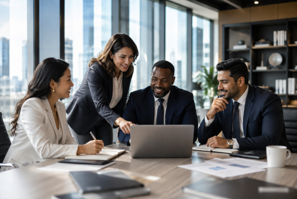 Four business professionals collaborating around a laptop during a meeting in a modern office